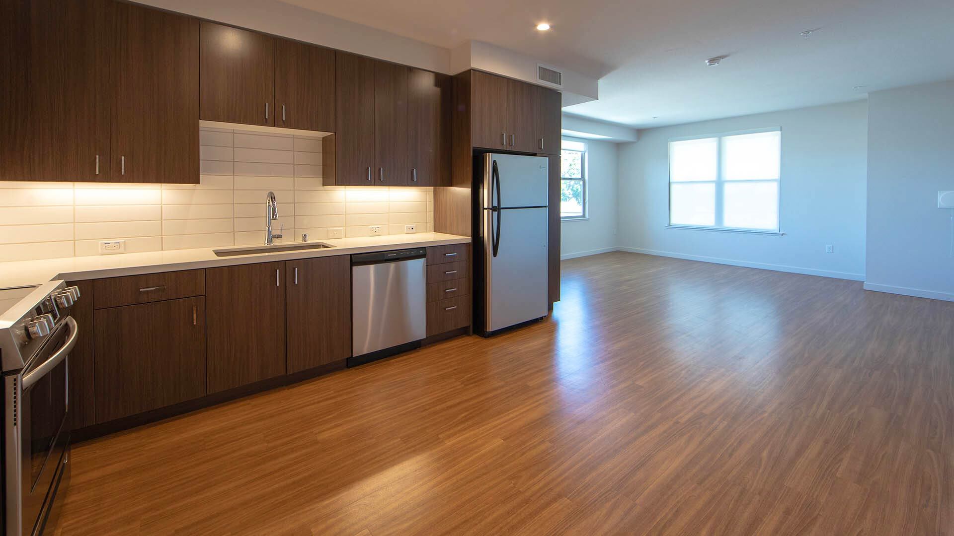 Aperture B1 living room kitchen view 2