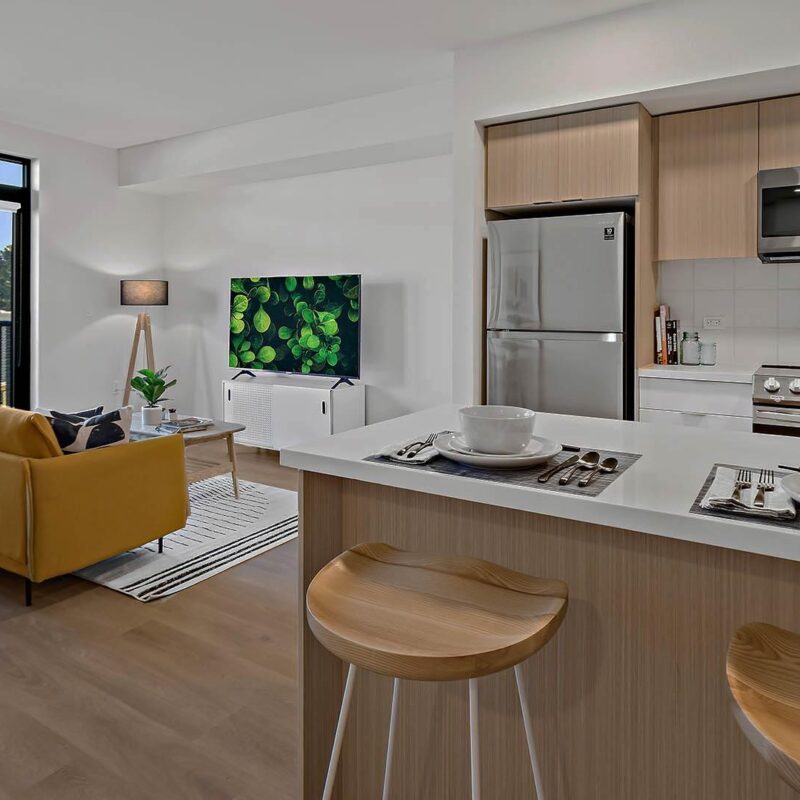 Blake apartments b6 floorplan model kitchen island view 1b