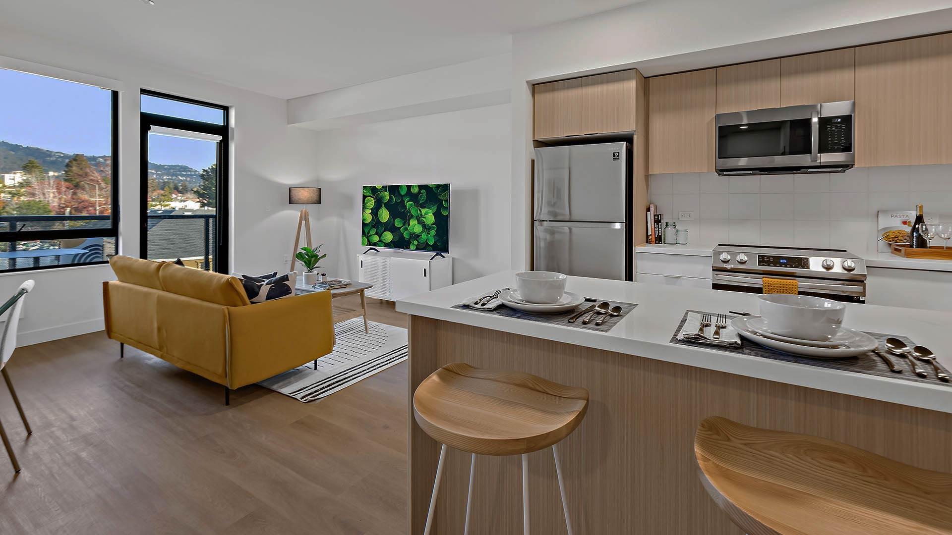 Blake apartments b6 floorplan model kitchen island view 1b
