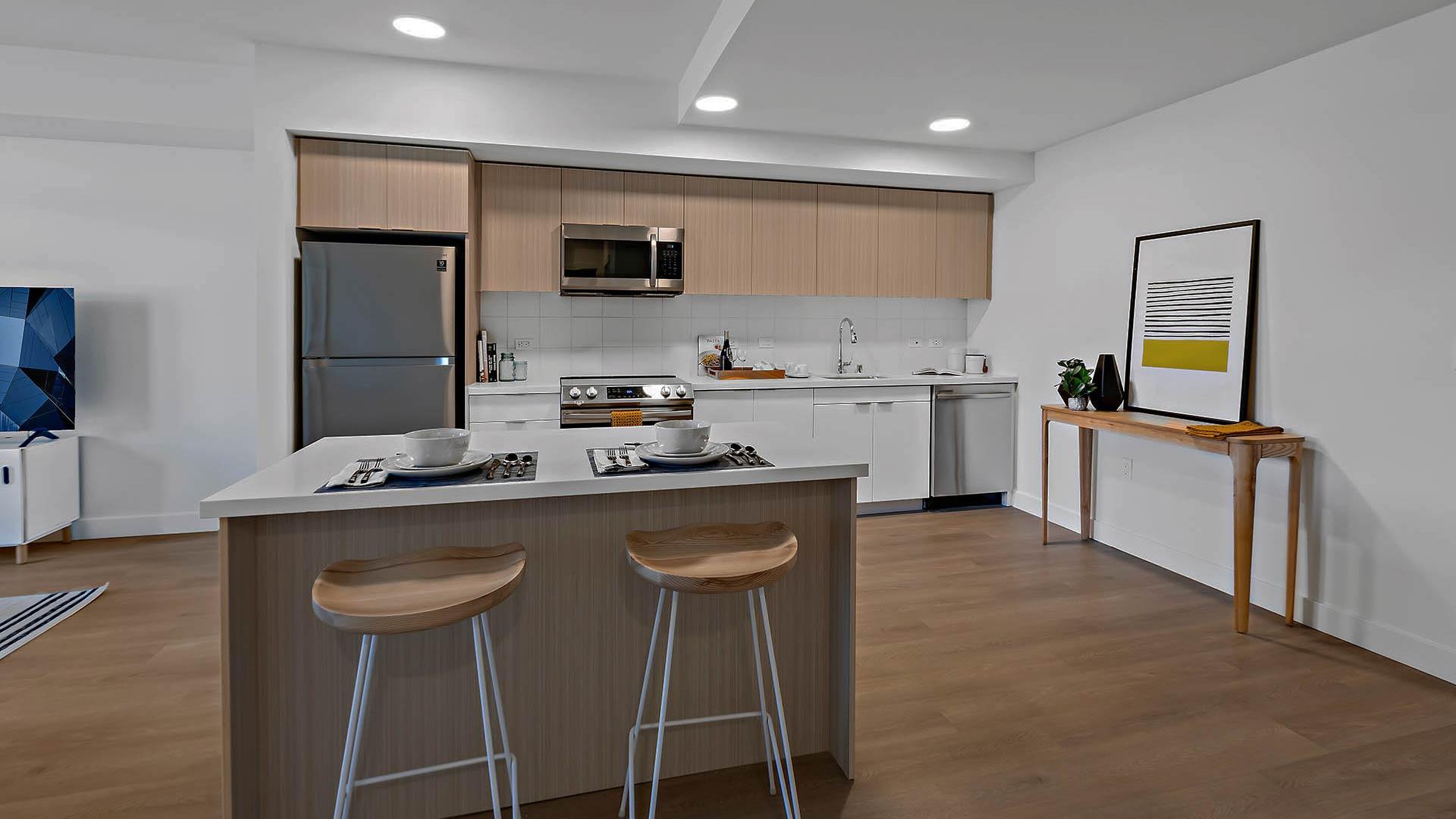 Blake apartments b6 floorplan model kitchen island view 2