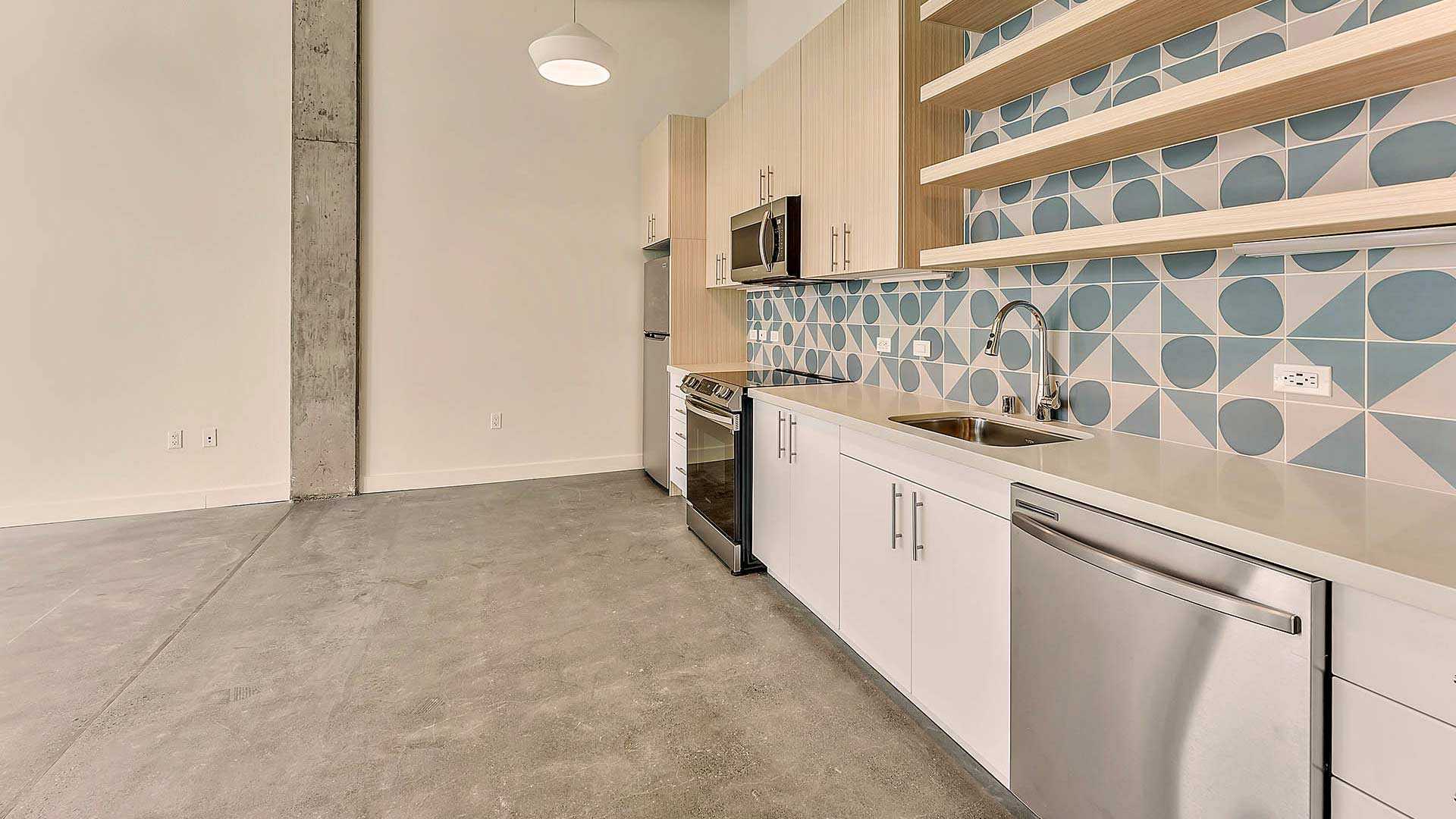 Blake apartments lw2 floorplan live work space kitchen view 2