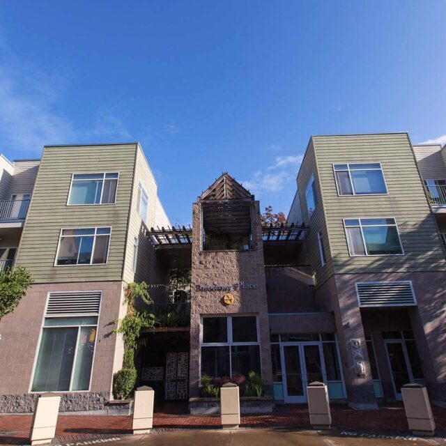 Broadway north building entrance with bicycle