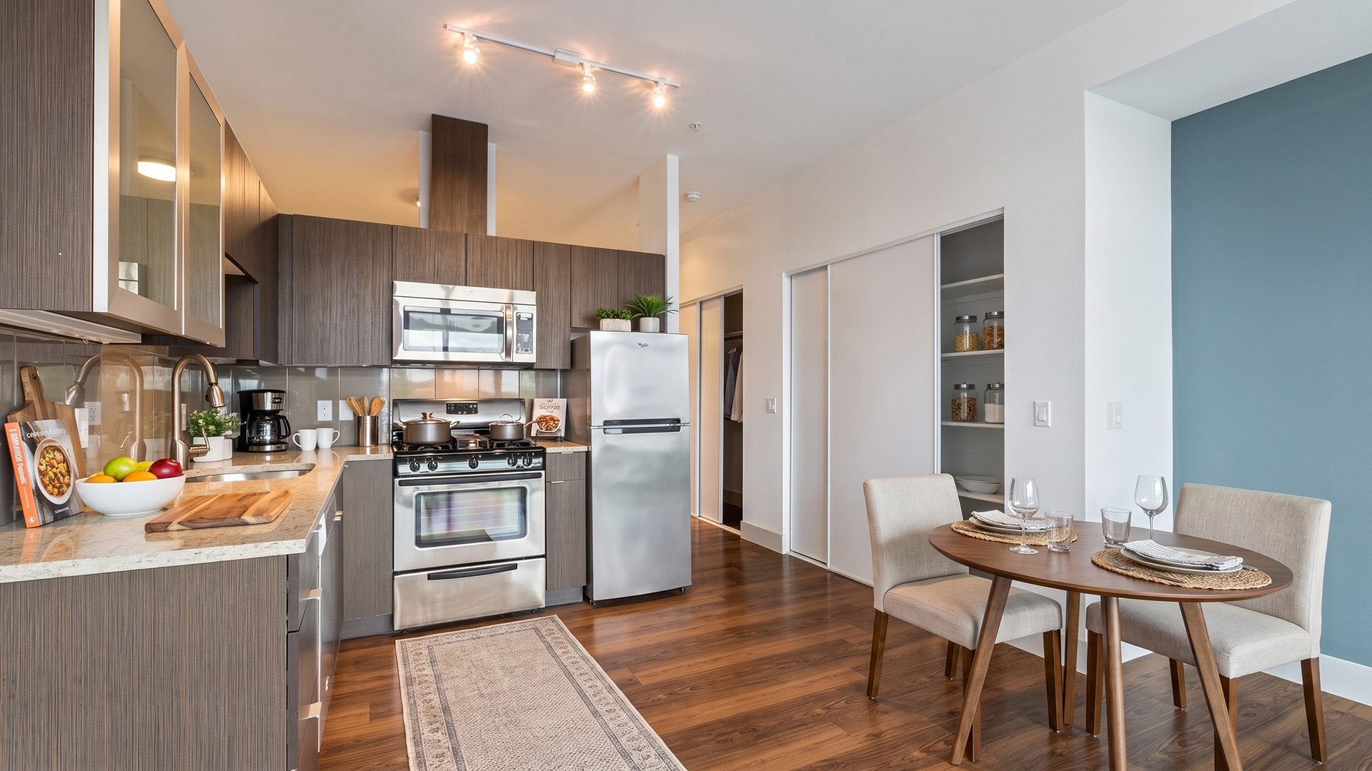 Collins on Pine Kitchen Pantry Blue Wall virtually staged