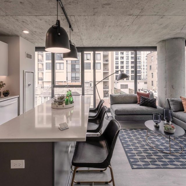 Marlowe chicago model corner unit livingroom kitchen view 2