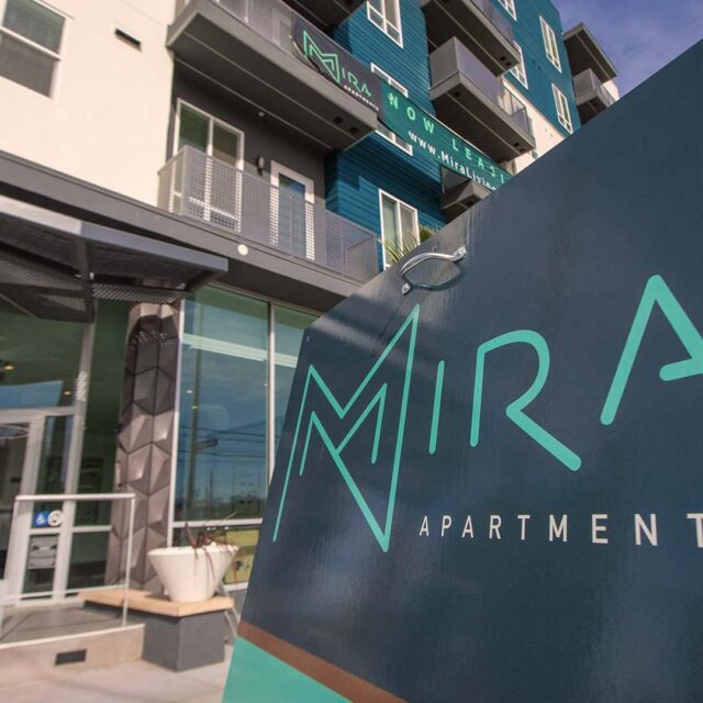 Mira apartments leasing sign