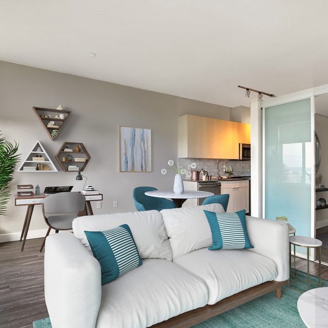 Mural interior model suite living bedroom kitchen