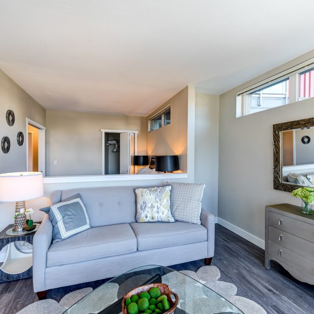 Mural interior model suite open bedroom