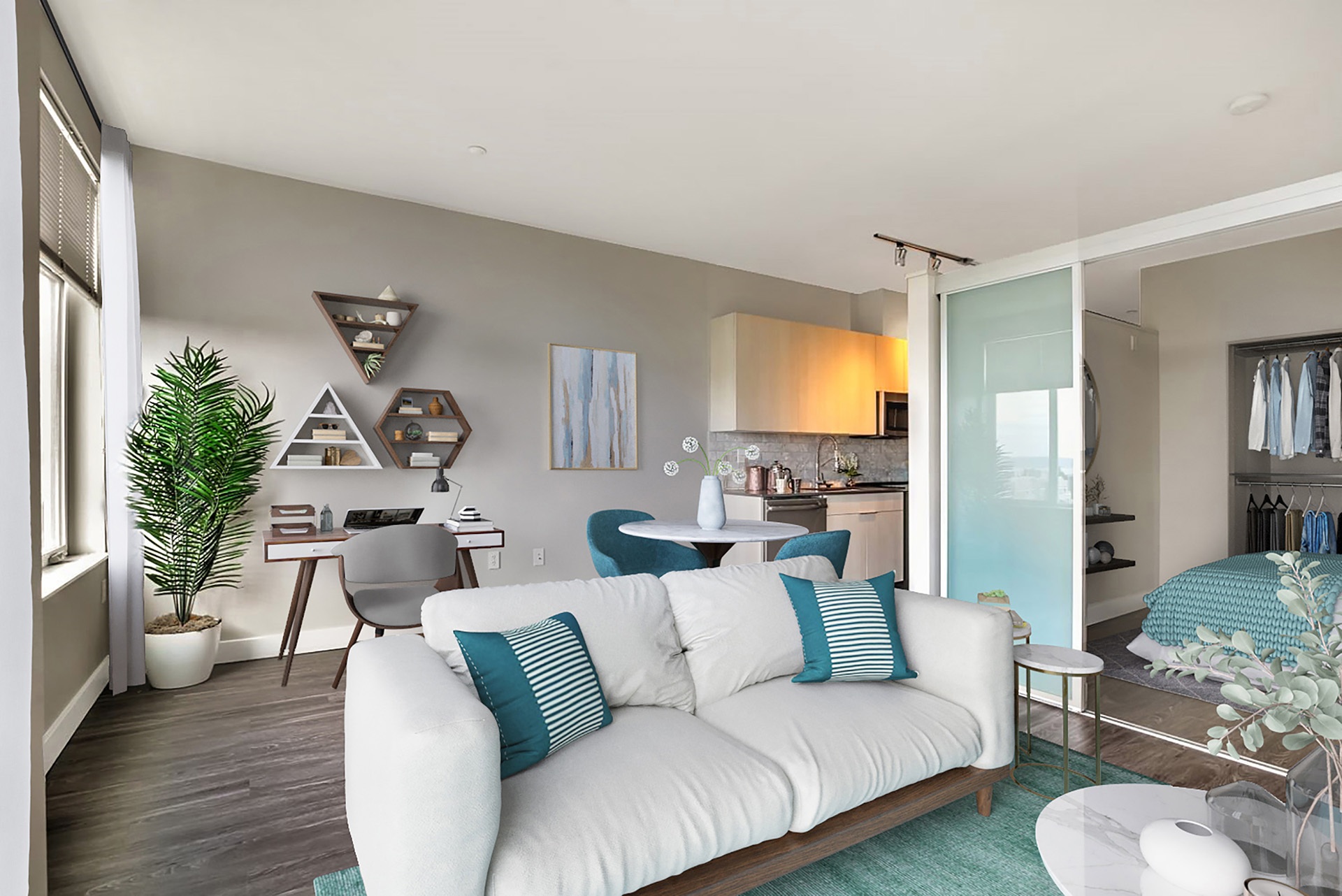 Mural interior model suite living bedroom kitchen