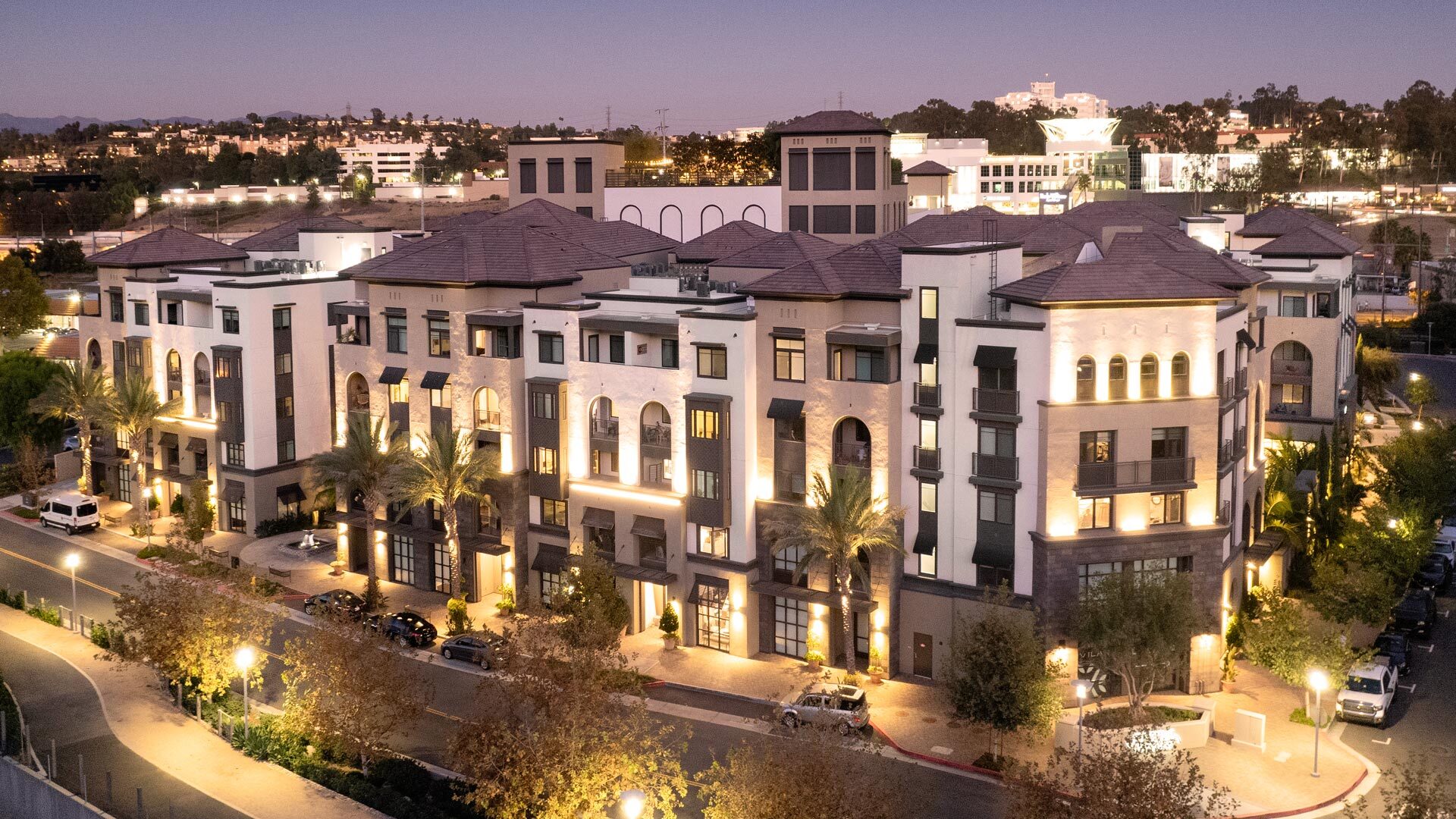 Vilara community exterior evening aerial view