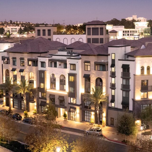 Vilara community exterior evening aerial view