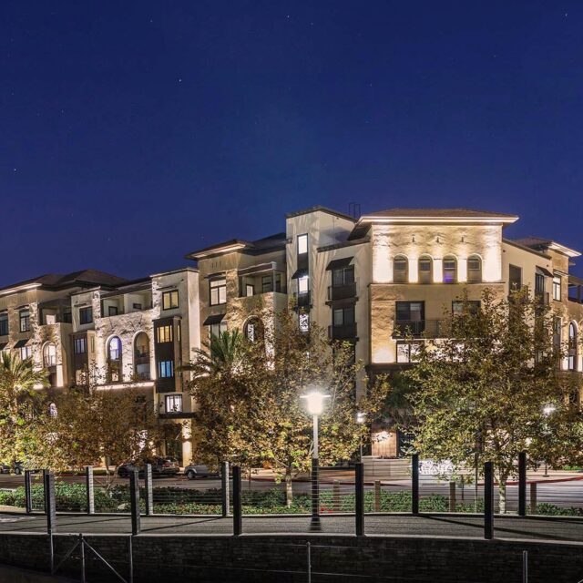 Vilara community exterior evening street view with bike path